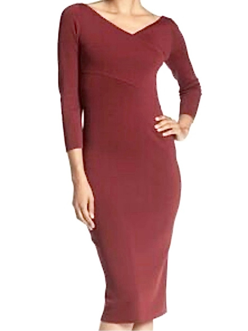 THEORY Burgundy Wrap Sheath Midi Bodycon Dress with V-Neck Sz S